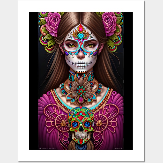 Colorful Sugar Skull Art - Striking Woman in Makeup Wall Art by ImaginativeInkPOD